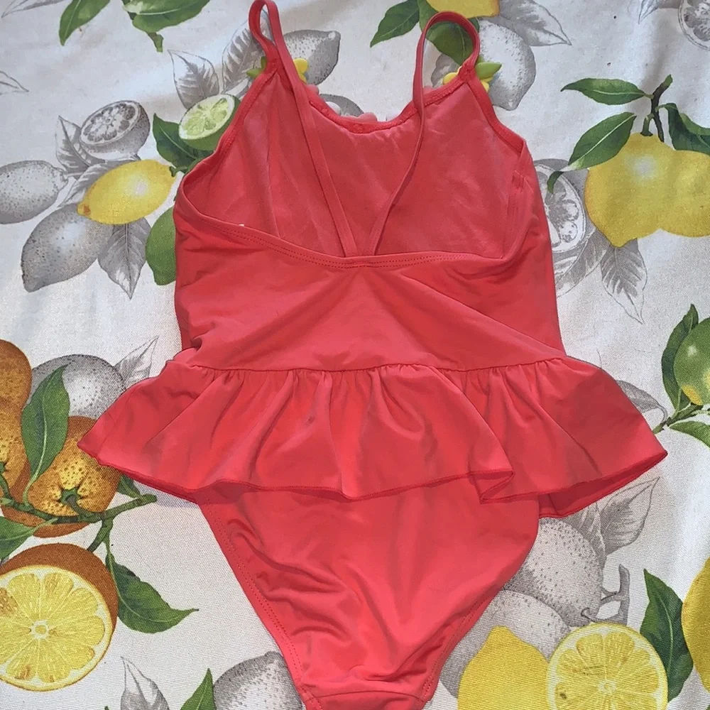 Gymboree Coral With Floral Neckline One-Piece Bathing Suit sz 9 EUC